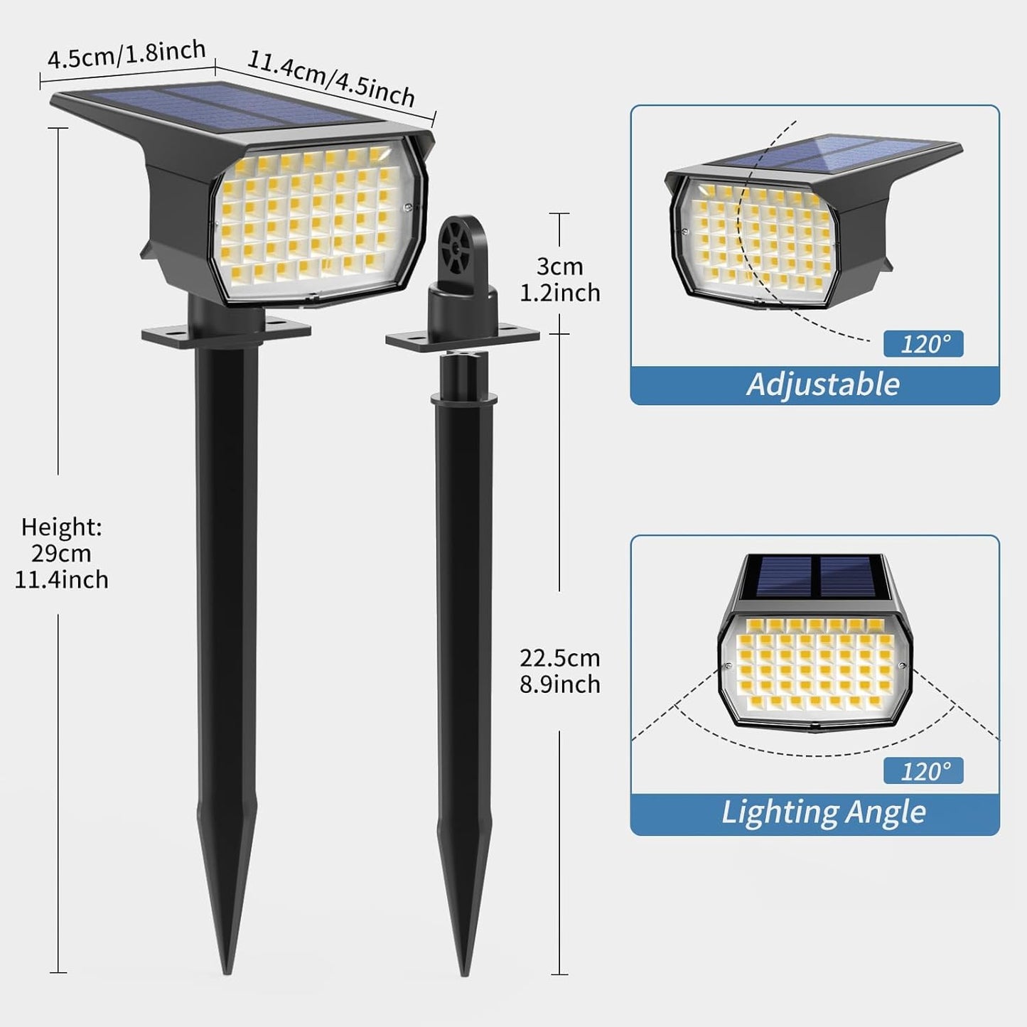 Solar Spot Lights Outdoor Waterproof IP65, 2 Pack Landscape Spotlights with 46 LEDs, 3 Modes Auto On/Off Solar Powered Flood Lights for Outside Pathway, Yard, Garden, Walkway (Warm White)