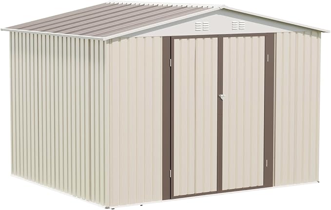 Outdoor Sheds 10FT x 8FT Outdoor Storage Metal Anti-Corrosion Utility Tool House with Lockable Door & Shutter Vents Outdoor Waterproof Garden Tool Storage Sheds with Metal Foundation