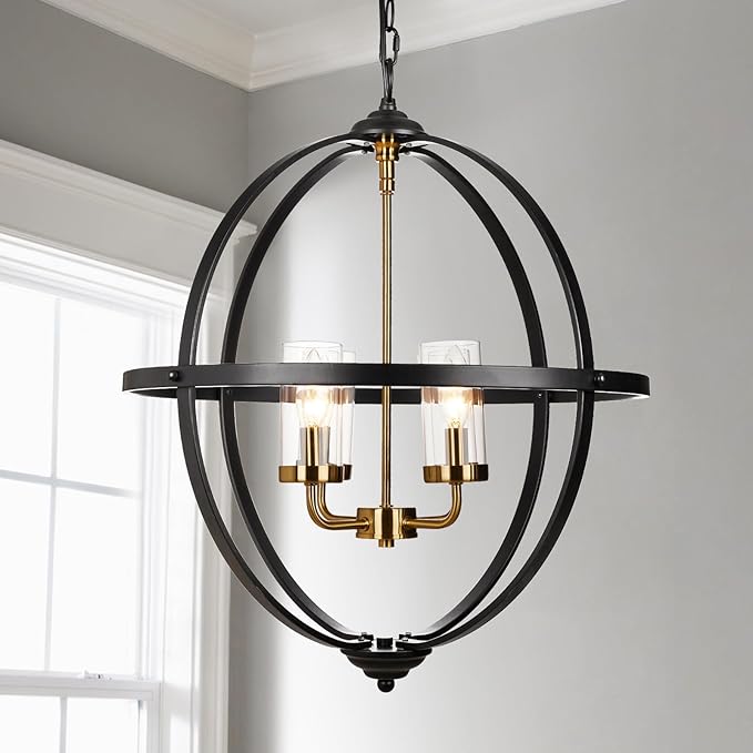 Treekee 4-Light Black Orb Chandelier, 20" Black and Gold Globe Pendant Light, Adjustable Hanging Ceiling Light Fixtures, Industrial Ceiling Chandelier Light for Kitchen, Dining Room, Foyer