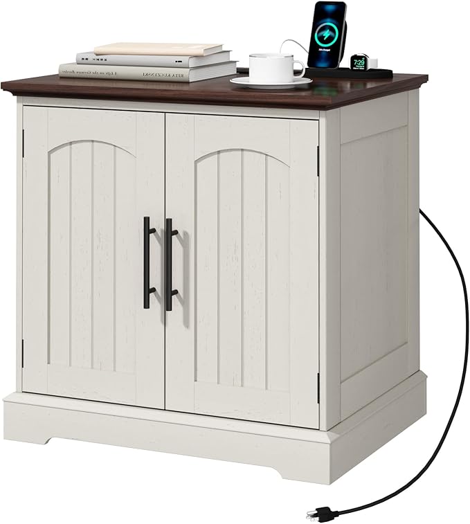 Set of 2 End Table with Charging Station, 24" Large Sofa Side Table with 2 Arched Doors, Farmhouse Wood Square Nightstand Bedside Tables with Adjustable Storage Shelf