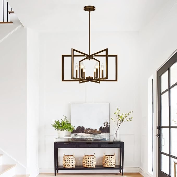 25"Modern Oil-Rubbed Bronze No Assembly Required Chandelier for Dining Room, Oil-Rubbed Bronze Dining Room Light Fixture Over Table, Industrial Metal Hanging Pendant Lights Fixture for Kitchen Island