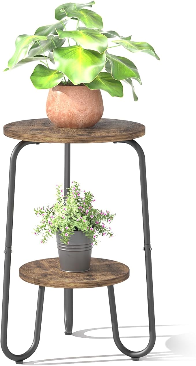 2 Tier Wood Plant Stand Indoor, Small Round Flower Pot Stand, 19.6" Tall Single Plant Holder for Living Room, Balcony, Rustic Brown End Side Table๏ผ2 packs๏ผ