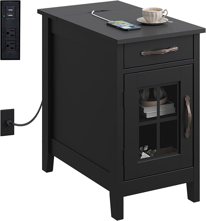 WLIVE End Table with Charging Station, Narrow Side Table for Living Room, Farmhouse Night Stand with Storage, Small Wooden Cabinet Nightstand with USB Ports and Outlets, 23.7" D x 13.78" W x 23.7" H