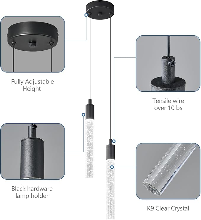 Modern Light Fixture Kitchen Island Pendant Light Dimmable LED Black Pendant Lights Mini Crystal Pendant Lighting for Bedroom Dining Room Living Room(2-Light )