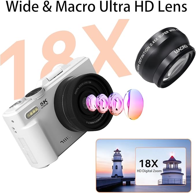 5K 75MP Digital Camera 18X Digital Zoom, Upgraded Vlogging Cameras with WiFi & Mic, Wide Angle & Macro Lens, 3" 180°Flip Screen Webcam Travel Cameras for Teens, Beginner with 64GB Card, HDMI