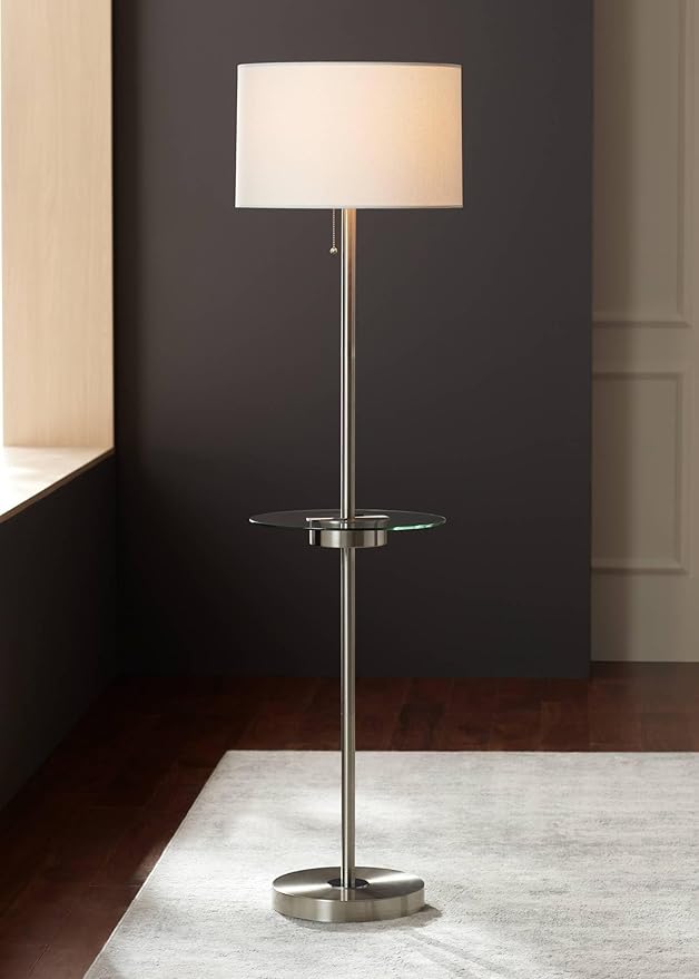 360 Lighting Caper Modern Floor Lamp with Tray USB and AC Power Outlet on Table Glass 60.5" Tall Satin Nickel White Fabric Drum Shade for Living Room Reading House Bedroom