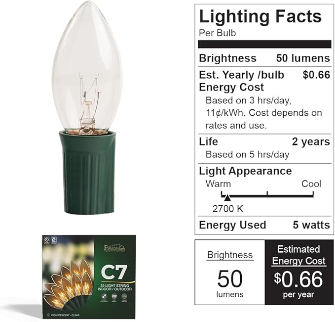 C7 26ft Indoor/Outdoor Transparent Multicolor Incandescent Christmas String Lights with 25 Bulbs | 120V, 5W