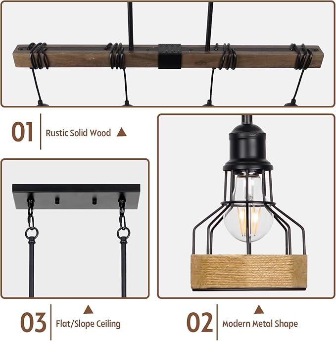 Kitchen Island Lighting Ceiling 4-Light Dining Room Light Fixture Hanging, Rustic Linear Chandelier with Solid Wood Modern Kitchen Pendant Light Over Island Farmhouse Dining Light Metal Lampshade