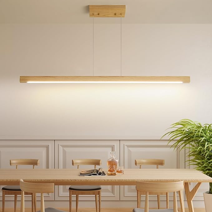 Wooden Linear Pendant Light, 47" Modern Chandeliers for Dining Room, Dimmable Pool Table Island Lights for Kitchen, LED Ceiling Pendant Lamp for Dining Room Billiard Room, Natural Ash