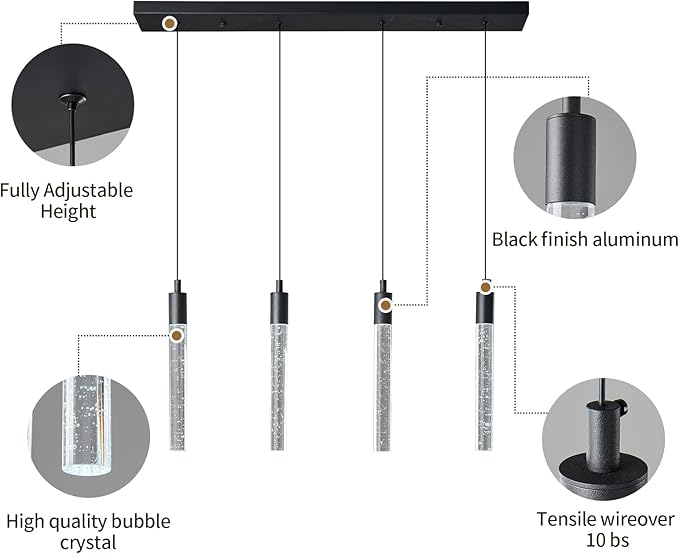 Kitchen Island Lighting Modern Light Fixture Black Pendant Light Dimmable LED Black Finish Mini Crystal Pendant Lights for Dining Room Living Room(4-Light )