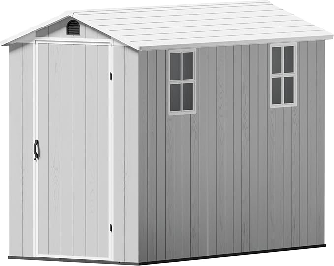 Greesum 4x8FT Plastic Storage Shed with Floor, Resin Outdoor Storaged Sheds with Lockable Door, All Weather Durable Tool Shed with Window and Vent, for Garden, Backyard, Patio, Light Gray