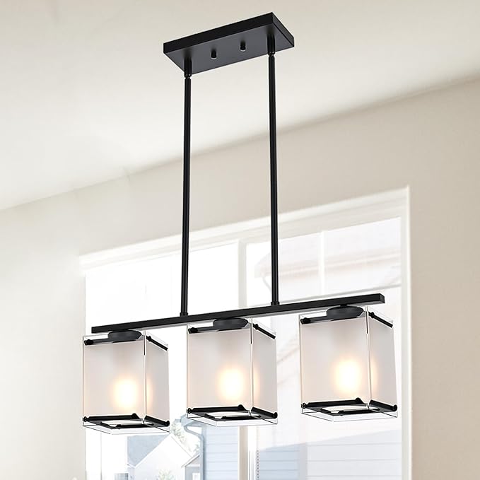 3-Light Dining Room Light Fixture Kitchen Island Lighting with Frosted Glass Shade Linear Black Chandelier Pendant Lighting Over Table for Dining Table Kitchen Island, Adjustable Height