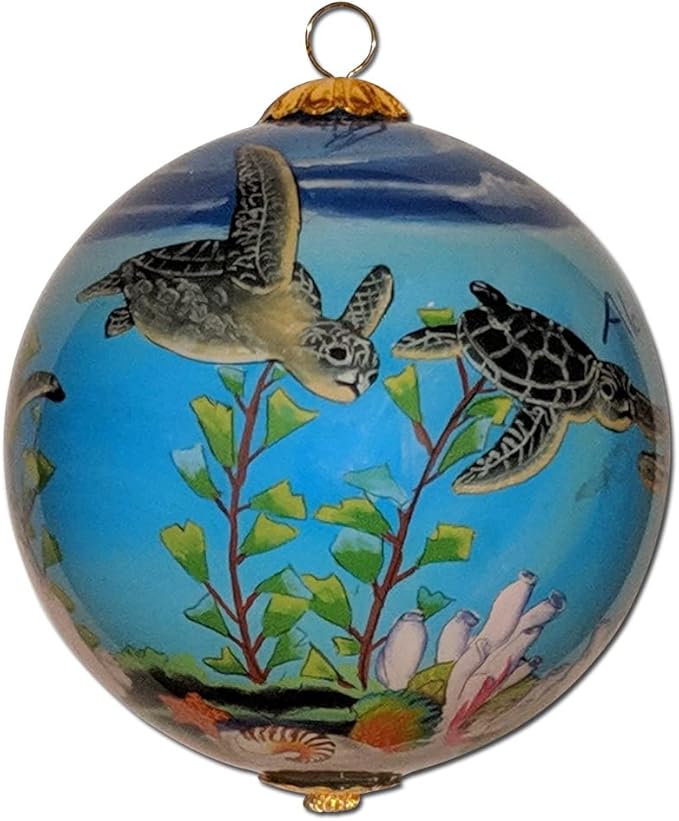 Collectible Kauai Turtles Ornament Hand-Painted Glass with Gift Box PT/K