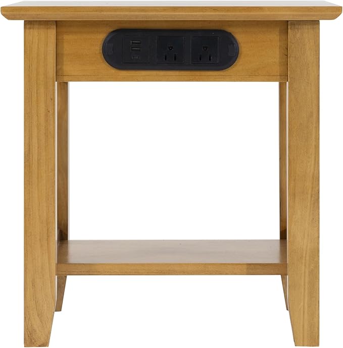 KAWIND Home Solid Wood End Table with Charging Station Compact Side Table with 2 USB Ports & 2 AC Outlets Light Walnut Ideal for Living Rooms & Bedroom Light Assembly