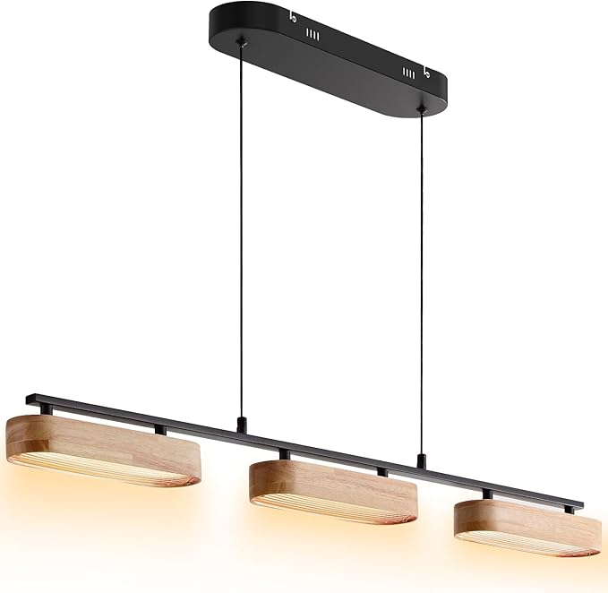 37.6" Linear Kitchen Island Lighting, 28W Wood Farmhouse Chandelier Dining Room Light Fixture, 3-Light Rustic Dimmable Pendant Lights for Kitchen Island Over Table