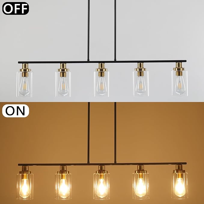 Island Light for Kitchen, 5 Lights Dining Room Lights Fixture with Clear Glass Shade, Matte Black and Gold Finish Pendant Lighting Over Table - ETL Listed
