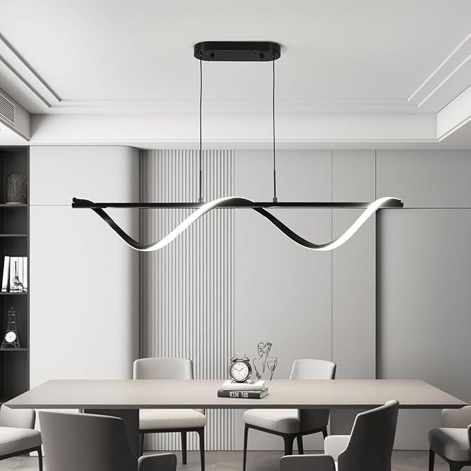 ziidoo Kitchen Island Lighting ,43.3in Dimmable Dining Room Light Fixture Over Table Linear LED Black Wave Spiral Chandeliers Modern Pendant Lights for Living Room Ceiling Hanging Light