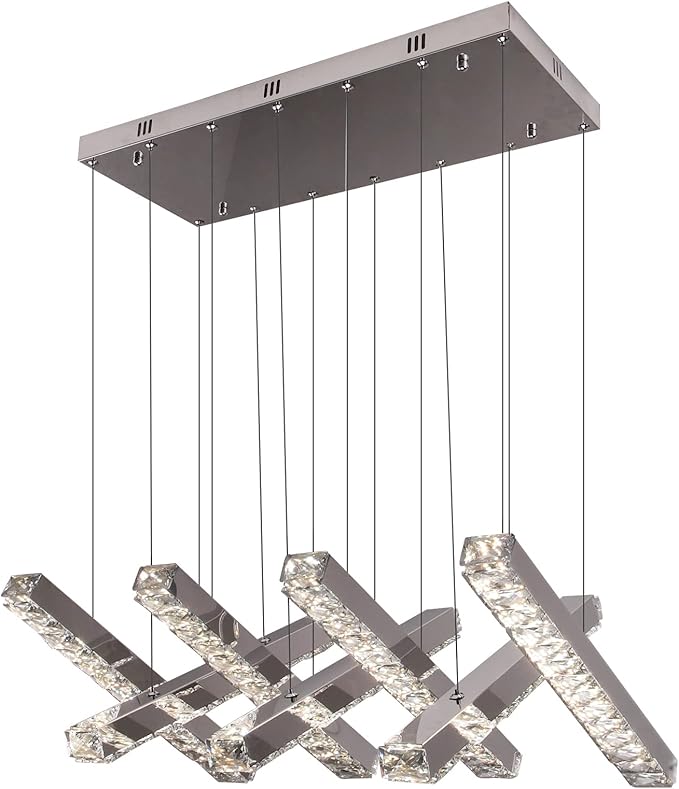 7-Light Linear Crystal Chandelier, LED Modern Chandelier, Chrome Pendant Light Fixture for Living Room Dining Room Kitchen