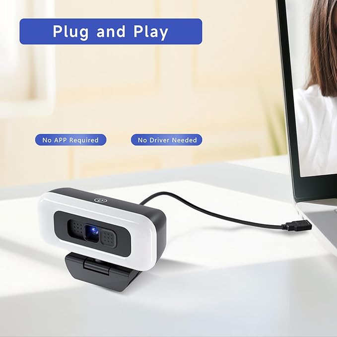 Webcam with Light, 1080p Webcam for PC with Microphone, USB Computer Camera for Desktop, Web cam with Tripod, Plug and Play, Adjustable Lighting
