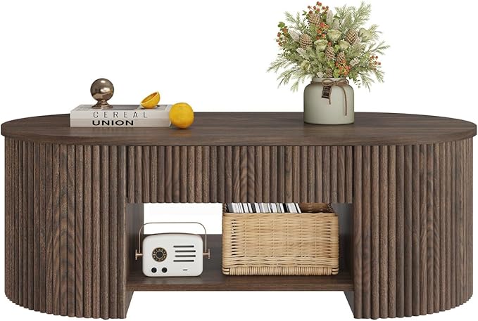 FATORRI Coffee Table with Storage, Mid Century Modern Wood Fluted Center Table with Shelf, Oval Coffee Tables with Drawer (Dark Walnut, 43.31 Inch)