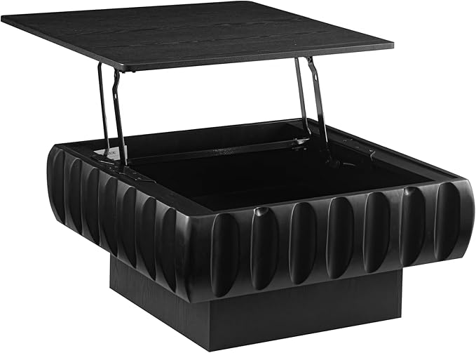 31.1" Square Lift-Top Coffee Table, Modern Fluted Tea Table with Hidden Storage for Living Room, Apartment or Office, Black