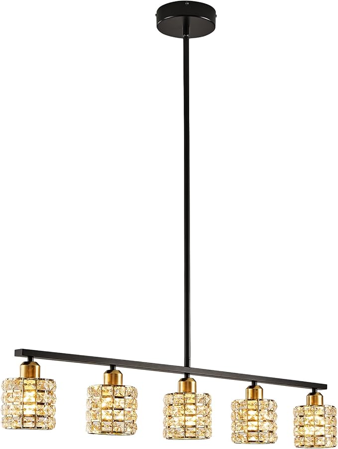 5-Light Linear Crystal Chandelier, Black and Gold Dining Room Light Fixtures Over Table, Adjustable Height Farmhouse Pendant Lights Kitchen Island for Dining Room