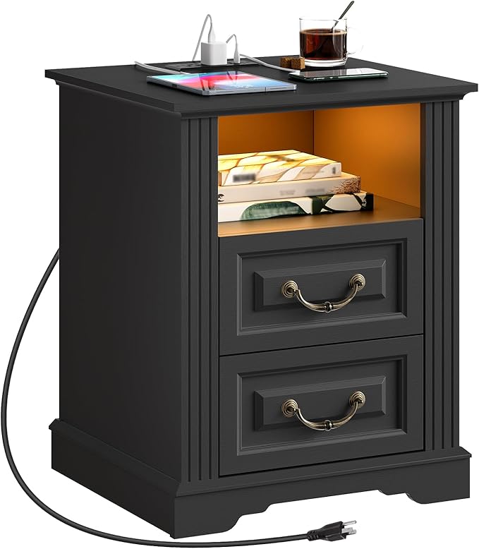 Farmhouse Nightstand with Charging Station, Wooden Night Stand with 2 Drawers, LED Bedside Table, Rustic Sofa Side Table, End Table for Bedroom, Living Room, Black