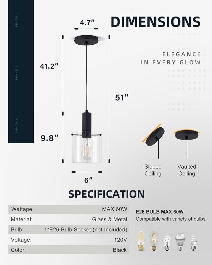 Modern Pendant Lighting - Black Pendant Hanging Fixture with Clear Glass for Kitchen Island Dining Room Living Room, H3959-1-CLBK