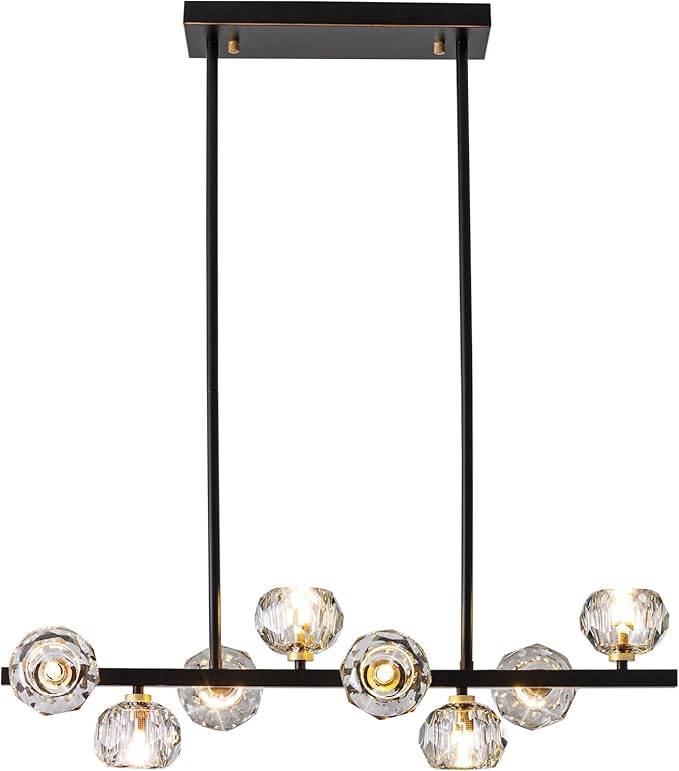 Modern Crystal Chandelier Dining Room Light fixtures Black Chandeliers with Crystal Ball Shade 8-Lights Industrial Globe Hanging Pendant Lighting for Kitchen Island,Living Room,Dining Room