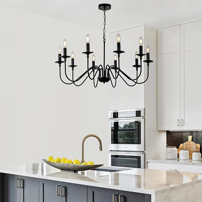 Black Farmhouse Chandeliers, 10 Light S-Arm Modern Candle Hanging Pendant Light, Industrial Rustic Metal Ceiling Kitchen Island Lights for Living Room, Entryway, Foyer, Bedroom, Dining Room