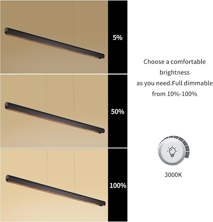 47inch Wood LED Linear Pendant Light, Dimmable Wood Ceiling Lamp,Minimalist Linear Chandelier, 36W Warm Light 3000K, Modern Kitchen Island Dining Room Lighting Black Adjustable Height
