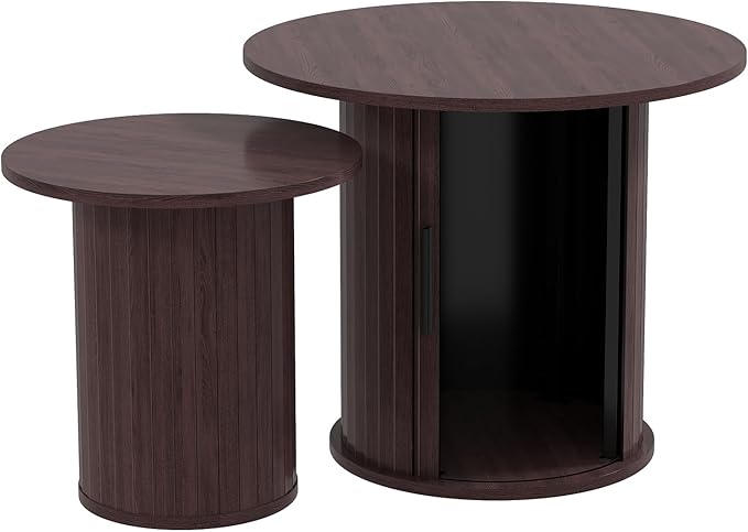 COSVALVE Nesting Coffee Table Set of 2 with Hidden Storage & Sliding Door, Circle Wood Coffee Table, Farmhouse Side & End Table Sets for Living Room, Small Spaces, Walnut