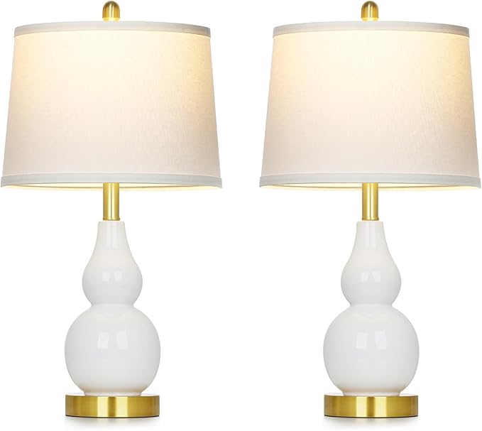 25" Ceramic Table Lamps Set of 2, Modern Double Gourd Ceramic Table Lamp for Living Room, White Rustic Farmhouse Bedside Nightstand Lamp with Fabric Shades for Bedroom Desk End Table Home Office Decor