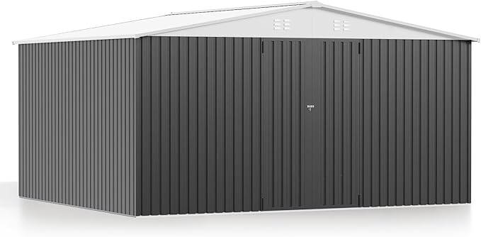 PABIMIA14X12 FT Outdoor Storage Shed, Durable Metal Outside Storage with Lockable Doors, Waterproof Storage Shed for Tools, Equipment, Ideal for Backyard Garden Patio Lawn,White