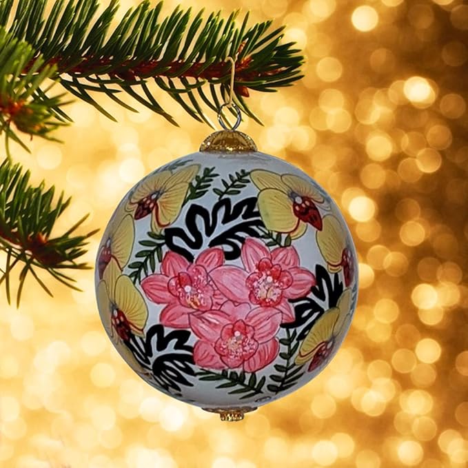 Lovely Hawaiian Orchid Ornament Collectible Hand-Painted Glass with Gift Box LO/K
