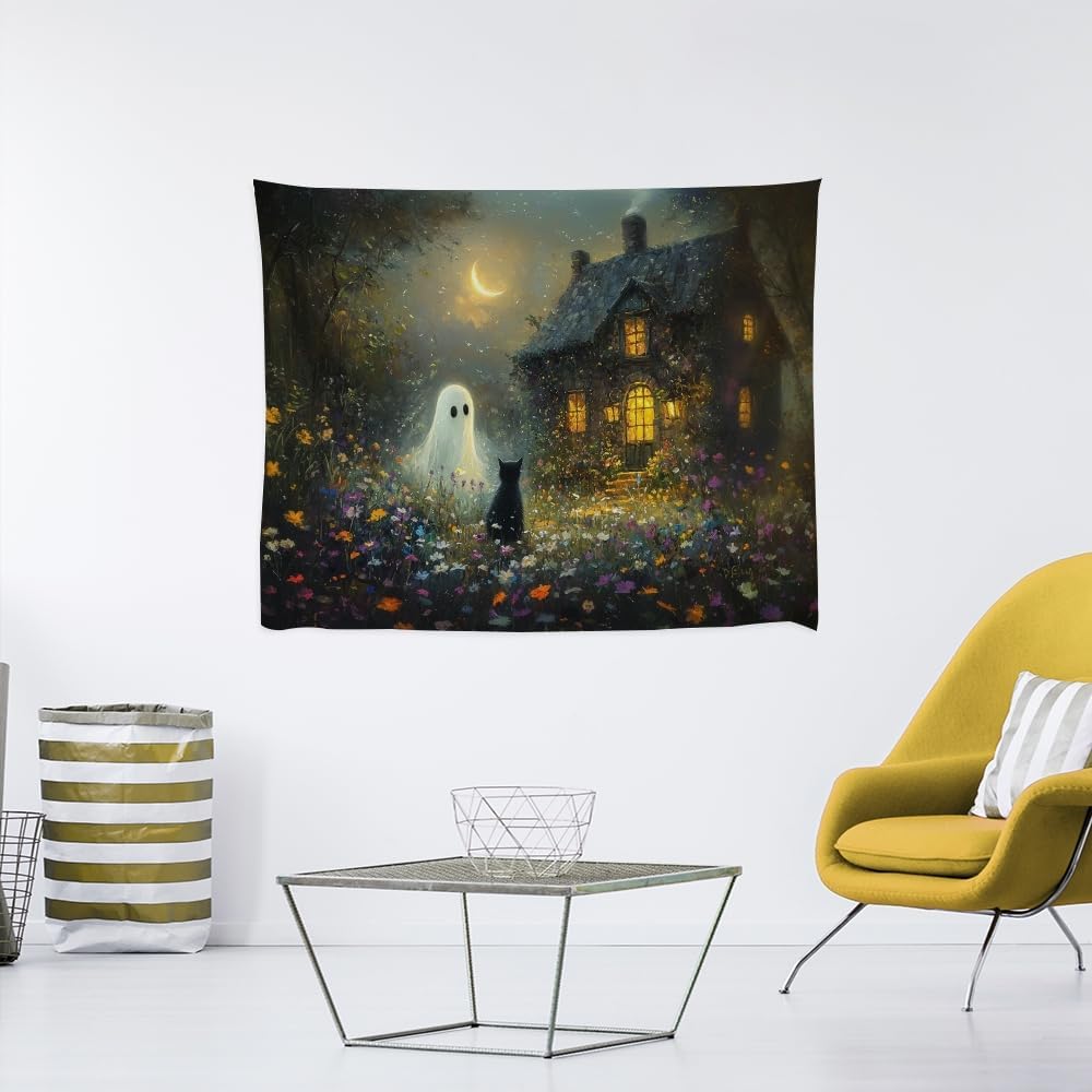Halloween Black Cat and Ghost Tapestry Wall Hanging for Spooky Cute Bedroom Decor Dark Academia Moon Wildflower Cottage Tapestries Aesthetic for Home Living Room Decoration 70x90inch