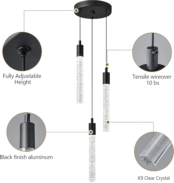 Modern Light Fixture Kitchen Island Pendant Light Dimmable LED Black Pendant Lights Mini Crystal Pendant Lighting for Bedroom Dining Room Living Room(3-Light )