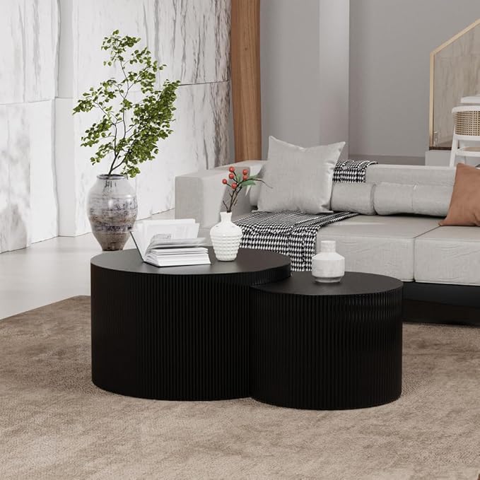 Modern Round Nesting Coffee Table Round Black Fluted Coffee Tables Set of 2 Drum Crescent Side Table Accent End Tables for Living Room, No Assembly Required,Black