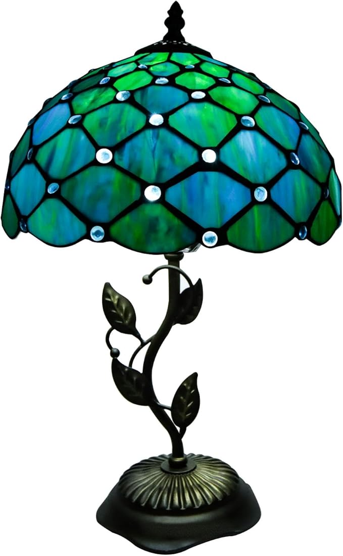 Stained Glass Table Lamp, Blue Green Style Metal Leaf Base Desk Reading Light 12X12X19 Inches Decor for Bedroom Living Room Office