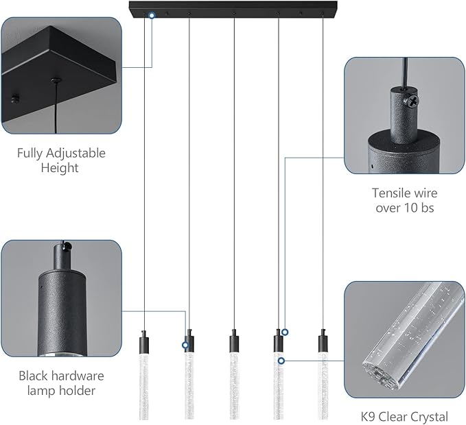 Kitchen Island Lighting Modern Light Fixture Black Pendant Light Dimmable LED Black Finish Mini Crystal Pendant Lights for Dining Room Living Room(5-Light)