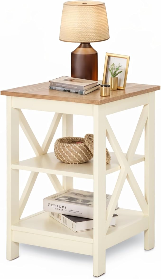 MAISON ARTS End Tables, Farmhouse Nightstand Set of 2, Small Side Table Living Room 3-Tier Modern Bed Side Table Nightstands for Bedroom, Sofa End Tables Set, Ivory White