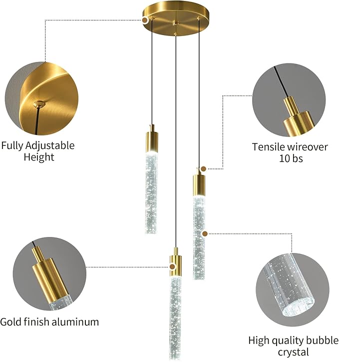 Modern Light Fixture Kitchen Island Pendant Light Dimmable LED Gold Pendant Lights Mini Crystal Pendant Lighting for Bedroom Dining Room Living Room(3-Light )