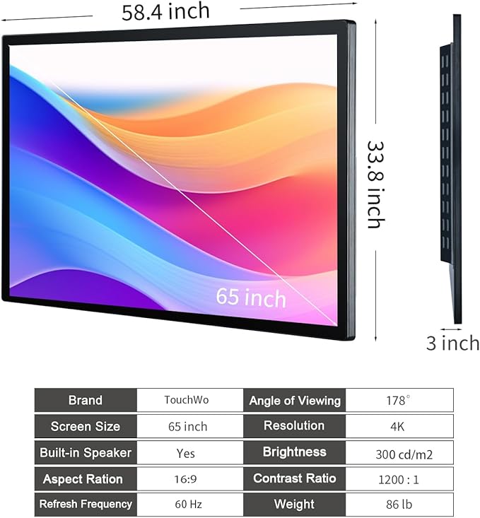 65 inch Interactive Touchscreen Monitor, Smart Board with 4K Display, Win-10 Electronic Whiteboard Touch Screen PC for Office and Classroom, Core i3 RAM 4G & ROM 128G
