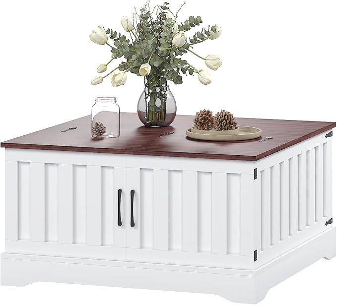 Square Lift Top Coffee Table with Storage, White Brown Led Coffee Table for Living Room with Large Hidden Storage, 30.7" Wood Table Led Center Table for Dining Reception Room