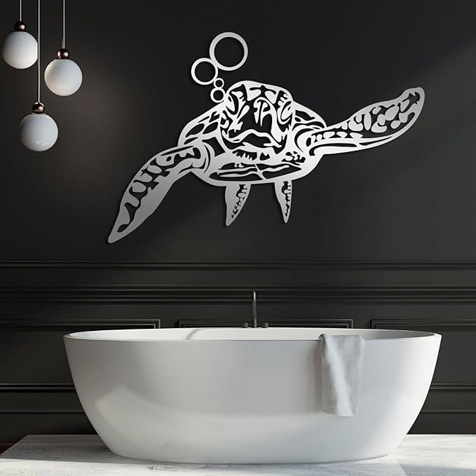 Metal Sea Turtle Wall Art, Metal Turtle Wall Decor, Coastal Wall Art, Nautical Wall Hanging, Turtles Outdoor Decor, Ocean Wall Sculpture, Beach Theme Decorations, Bathroom Art (White, 30"x20"/76x51cm)