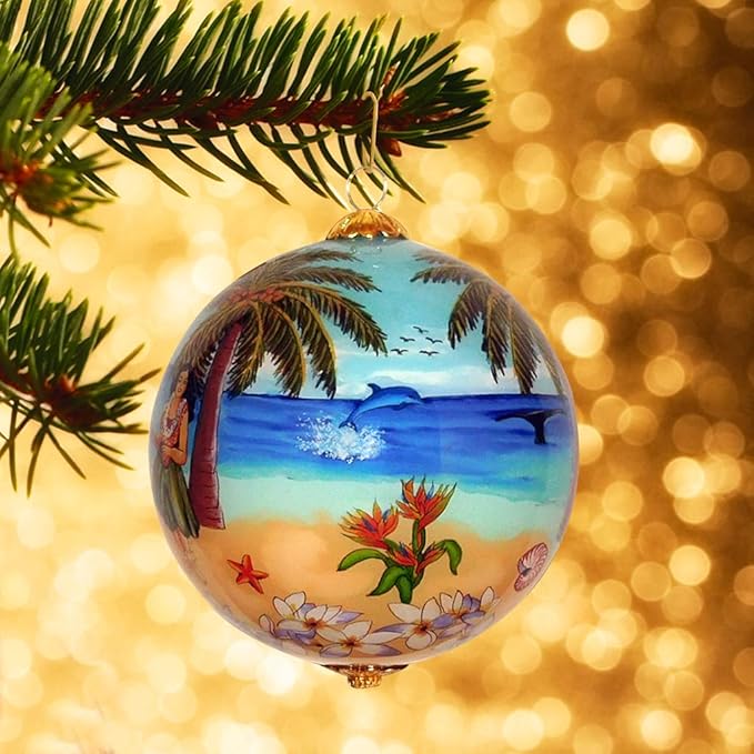 Collectible Hawaiian Hula Ornament Hand Painted Glass with Gift Box HU/H