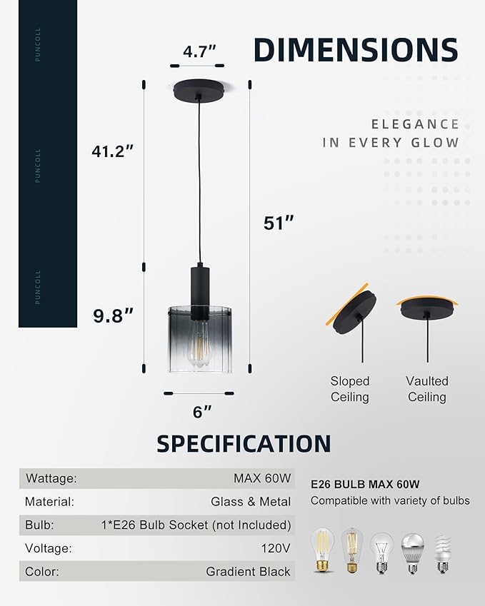 Black Pendant Lighting for Kitchen Island - Pendant Light Fixtures with Gradient Color Glass for Kitchen Sink Dining Room Bedroom, H3959-1-SMBK