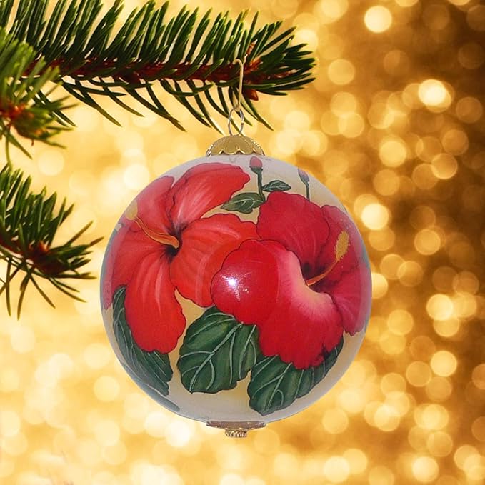 Collectible Hawaii Christmas Ornament Hibiscus Hand Painted from Inside The Glass, with Protective Gift Box, RH/H
