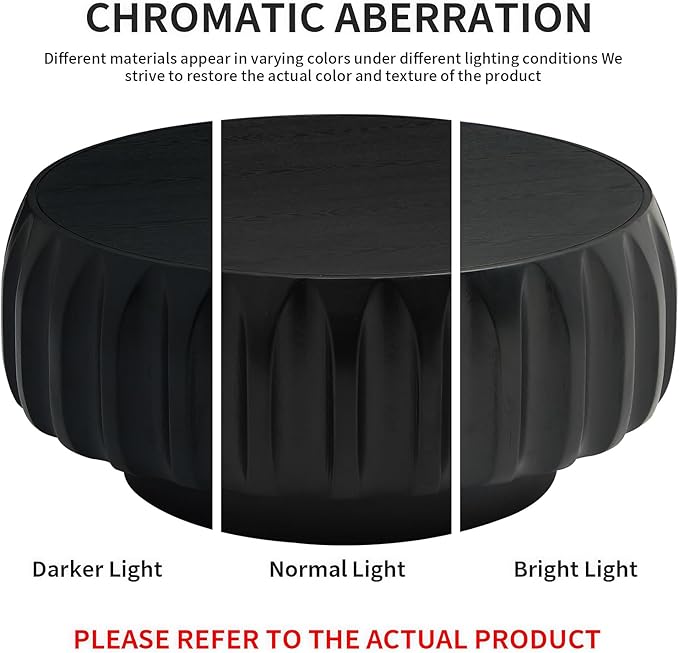 LKTART 31.5" Drum Coffee Table Modern Round Coffee Table Wood Fluted Centry Table with Solid Wood Veneer for Living Room, Easy Assemble, Black