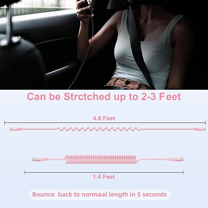 USB C to C Cable 3FT for Car, Coiled USB C Fast Charging Cable for iPhone 17/16/15, 2Pack Type C Cord for iPhone 15/Plus/Pro/Pro Max/Samsung Galaxy S23-Pink